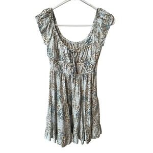 Aeropostale Floral Mini Dress Blue White Smocked Waist Ruffle Tiered Womens S